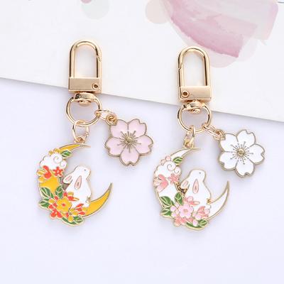 Cute Moon Flower Rabbit Keychain For Women Sweet Cartoon Enamel Gold Color Key Chain Bag Car Key Decoration Girls Gift
