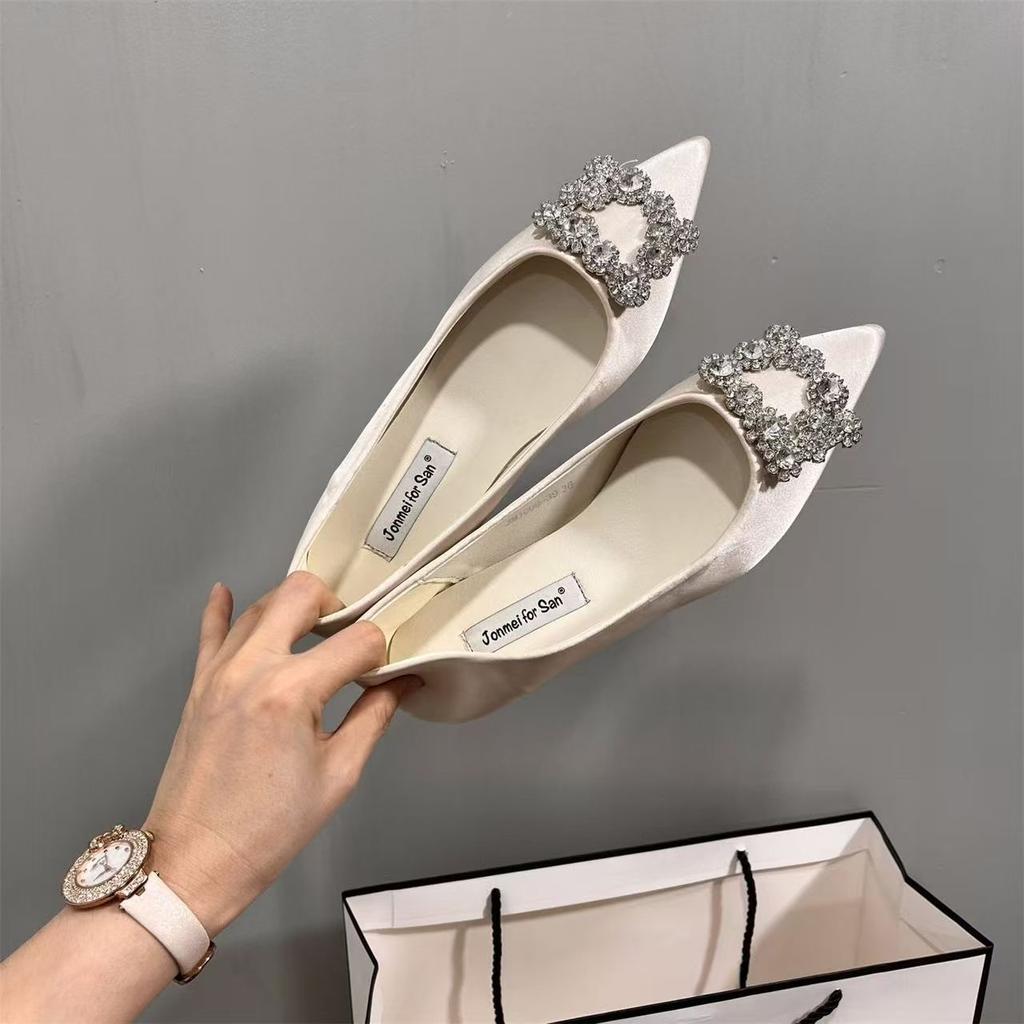 Square Buckle Rhinestone Foot Cover Soft Sole Pointed Flat Sole Single Shoe New Xiaoxiangfeng Comfortable Temperament Shoes