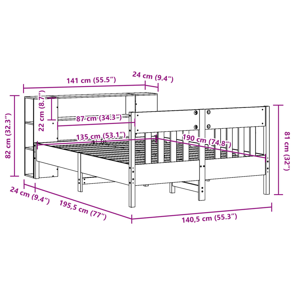 Solid Wood Bed with Shelf Without Mattress Wax Brown 135 x 190 cm