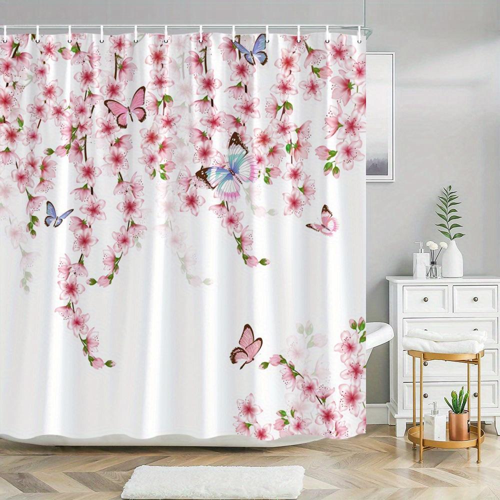 1pc Pink Sakura Butterfly Shower Curtain - White with Pink and Blue Floral Pattern, Polyester Fabric, Machine Washable 90X180cm