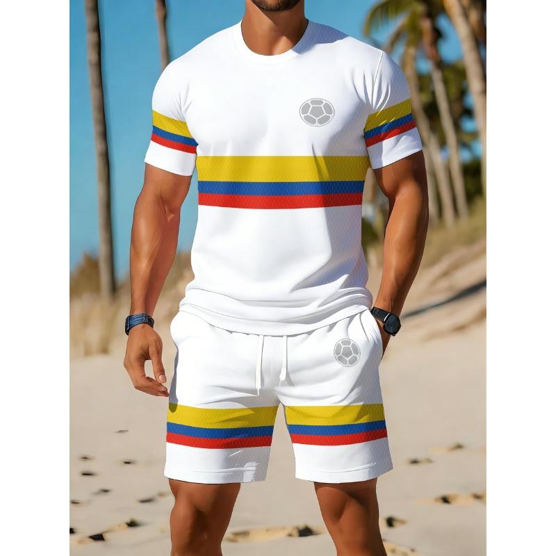 Men'S Digital Print 2pcs Set, Men'S Round Neck Short Sleeve T-Shirt And Shorts Outfit