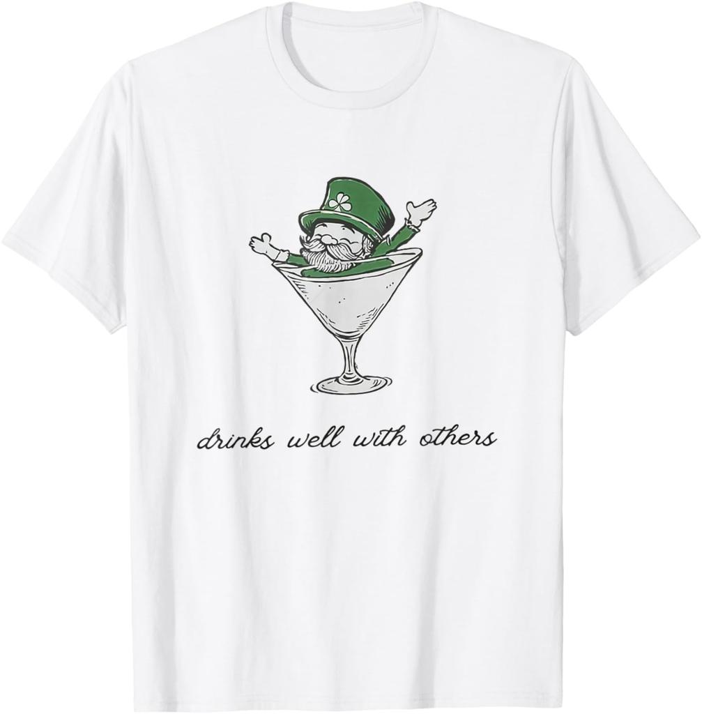 Leprechaun Martini Drinks Well With Others St Patrick's Day Graphic Tee Casual Cotton T-Shirt