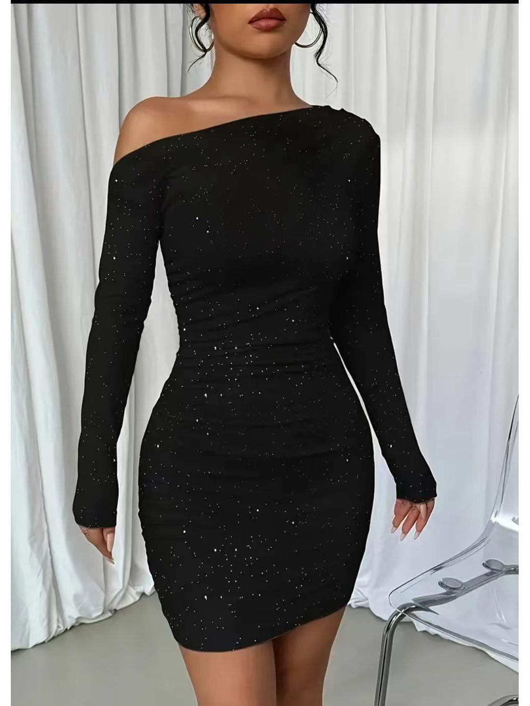 2025 Autumn Women s Sexy Sequined Off-the-Shoulder Party Dress L чёрный
