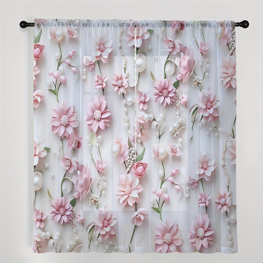 2PCS Digital Print Sheer Curtains, Flower Pearl Pattern, Elegant Light Luxury Style for Living Room Bedroom Window Decor