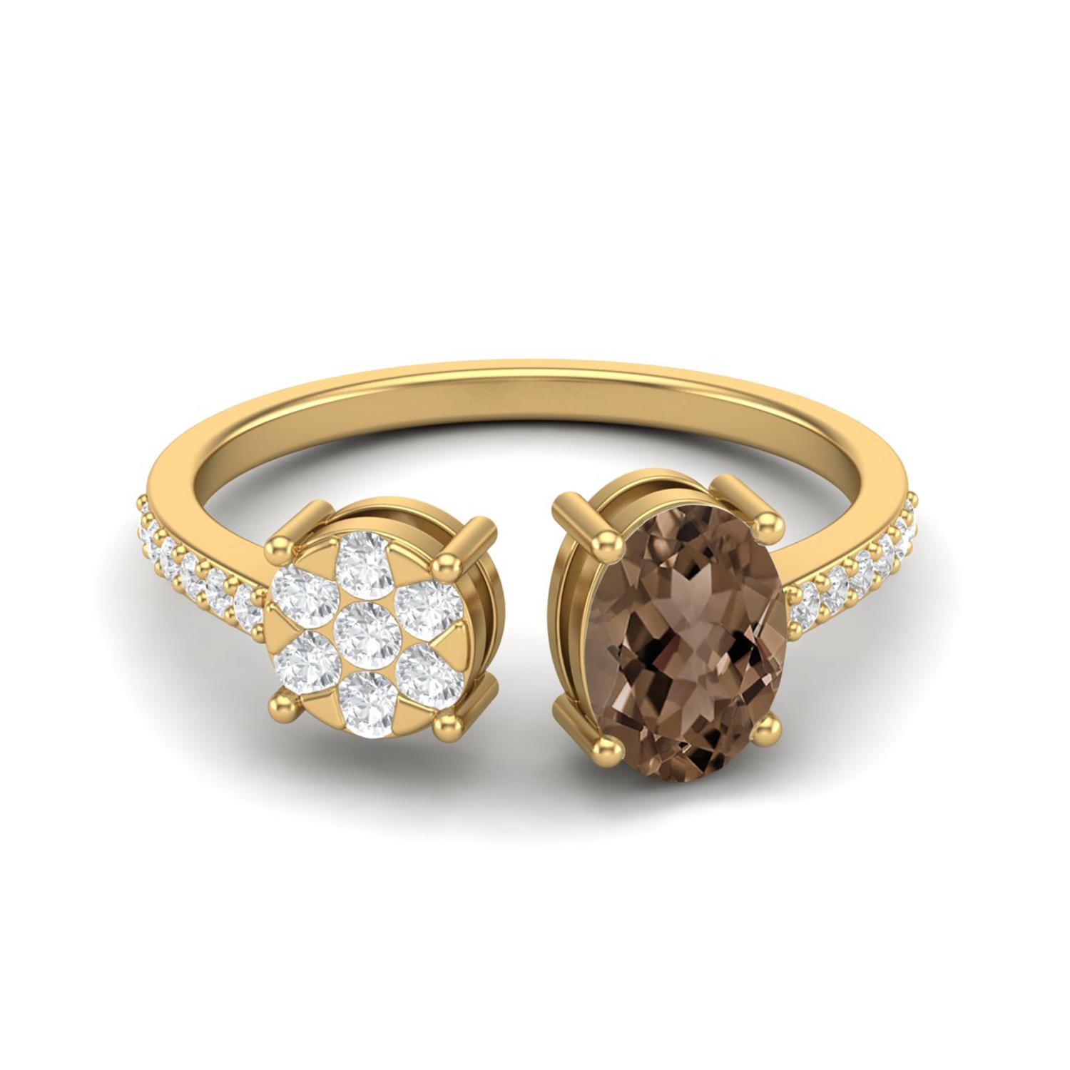 

1.39 Ctw Oval Smoky Quartz 925 Sterling Silver Gold Vermeil Front Open Adjustable Women Wedding Ring 6 жовтий