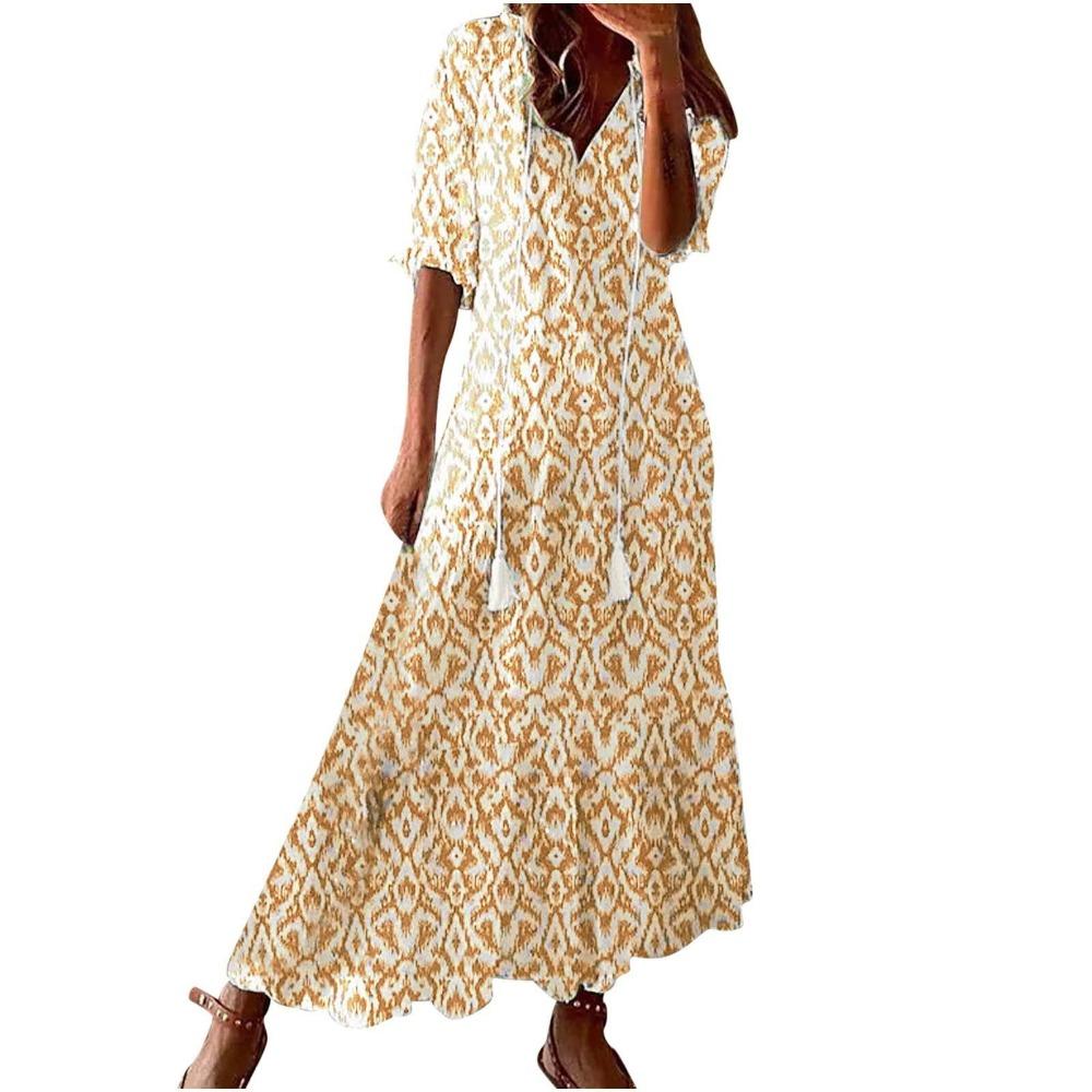 Women's V Neck Floral Print Short Sleeve Tassel Tie Loose Fit Maxi A-Line Dress