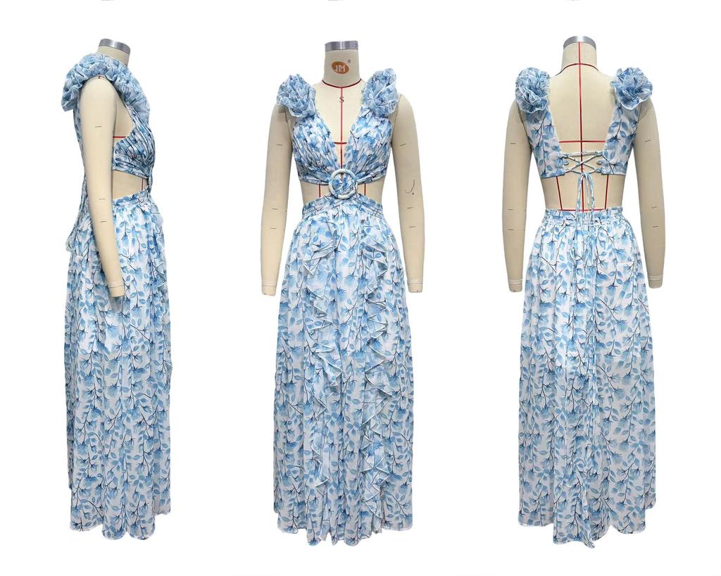 European & American Women's Floral Slimming V-Neck Ruffle Holiday Dress