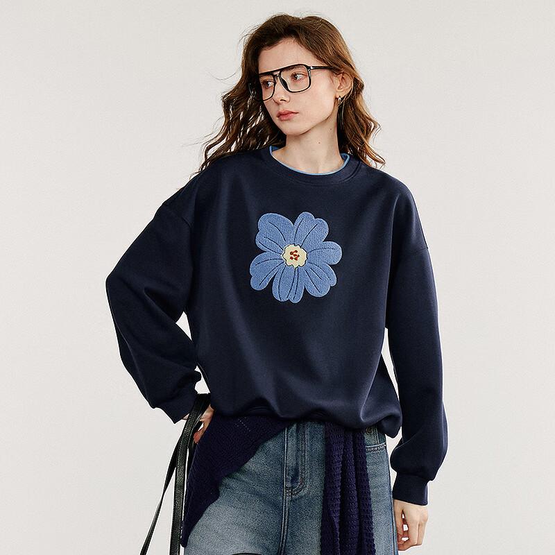 Chuyu Damen Grün Mohnblume Besticktes Rundhals-Sweatshirt