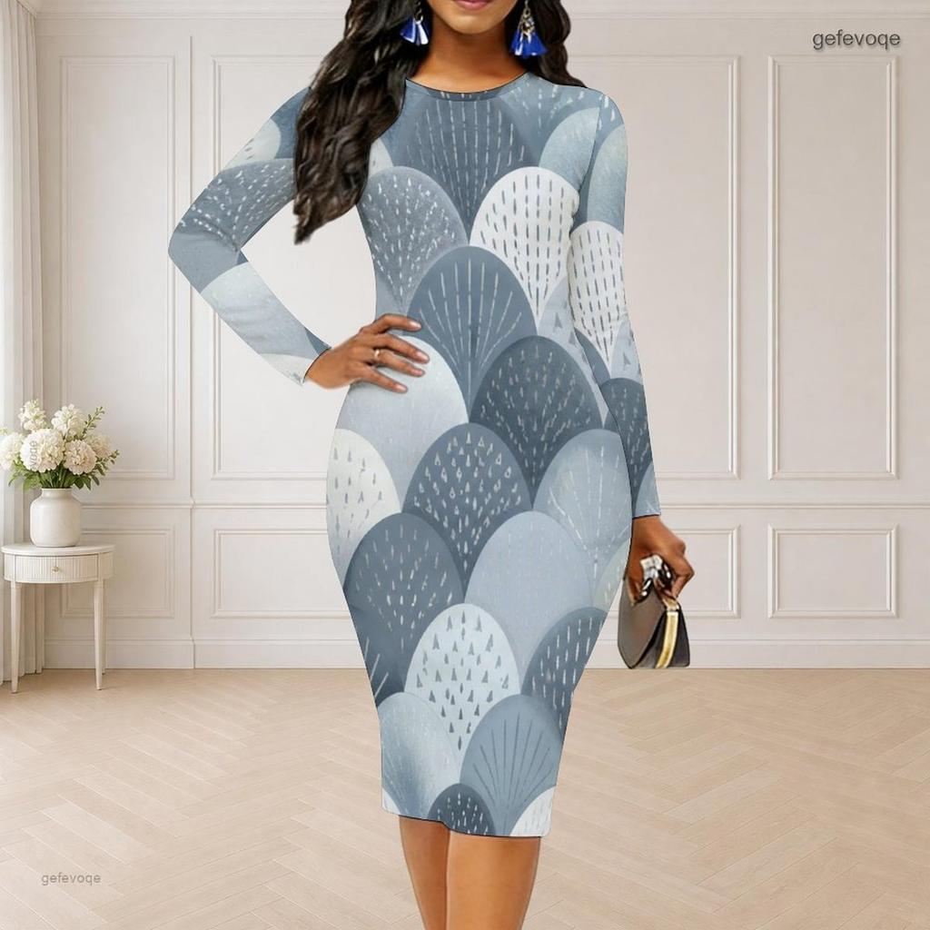 Damen Übergröße Rundhals Langarm Bedrucktes Bodycon Midi-Kleid