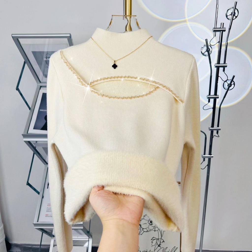 One Piece Sweater High Neck Autumn and Winter Hollow Knitting Base Design Thickened Top for Women