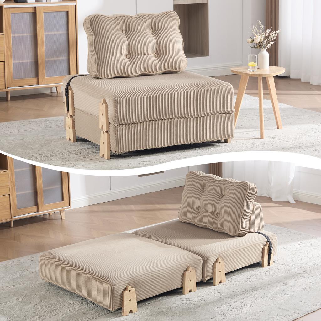 A Comfortable Armchair Made of Corduroy – a Fold-out Sofa Bed with Wooden Legs, Ideal for Small Apartments and Bedrooms (Khaki-colored Corduroy)