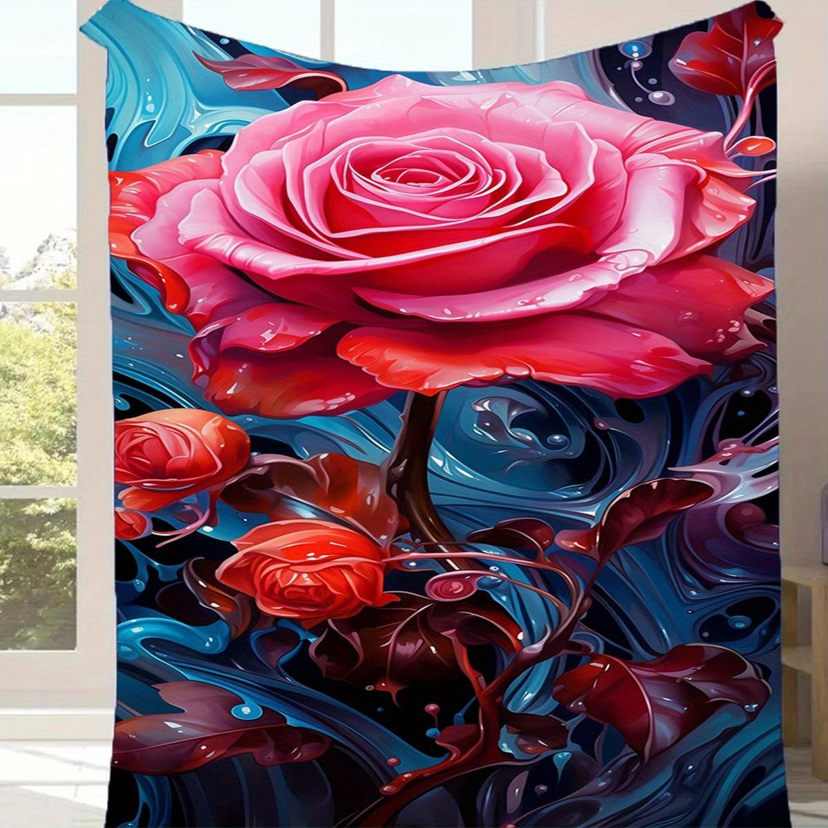 1pc Rose Print Blanket, Flannel Blanket, Soft Warm Throw Blanket Nap Blanket For Couch Sofa Office Bed Camping Travel 130cmx150cm