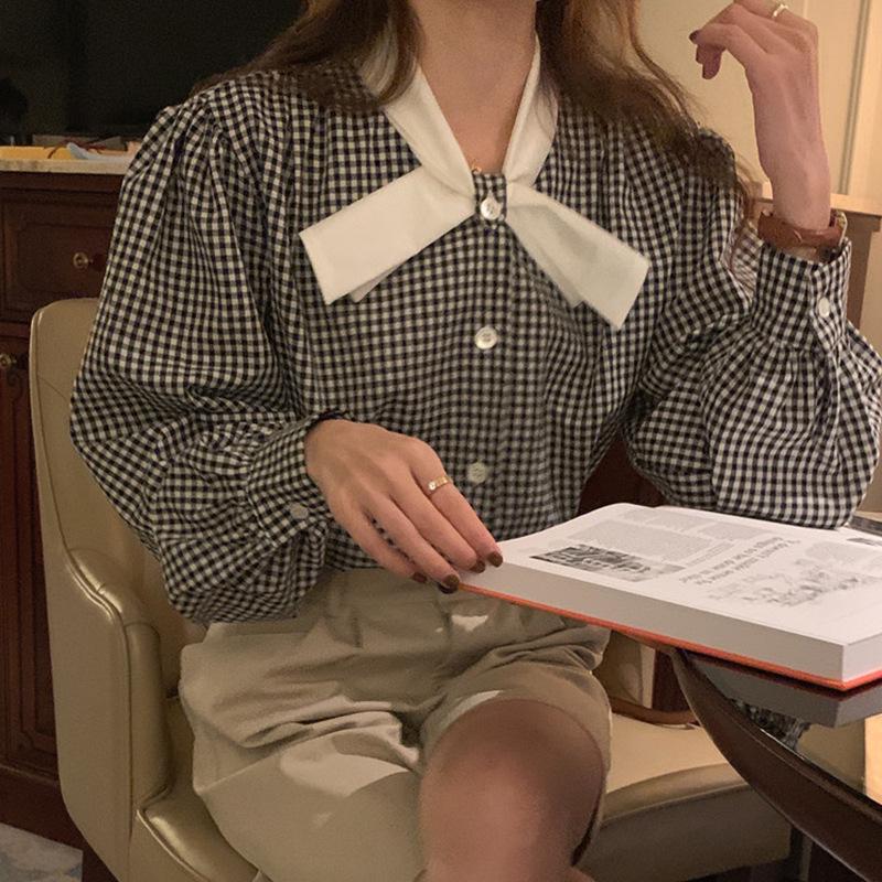 Korean Chic 2025 Spring Retro Color Block Plaid Bow Stand-Up Collar Loose Long-Sleeve Shirt for Women
