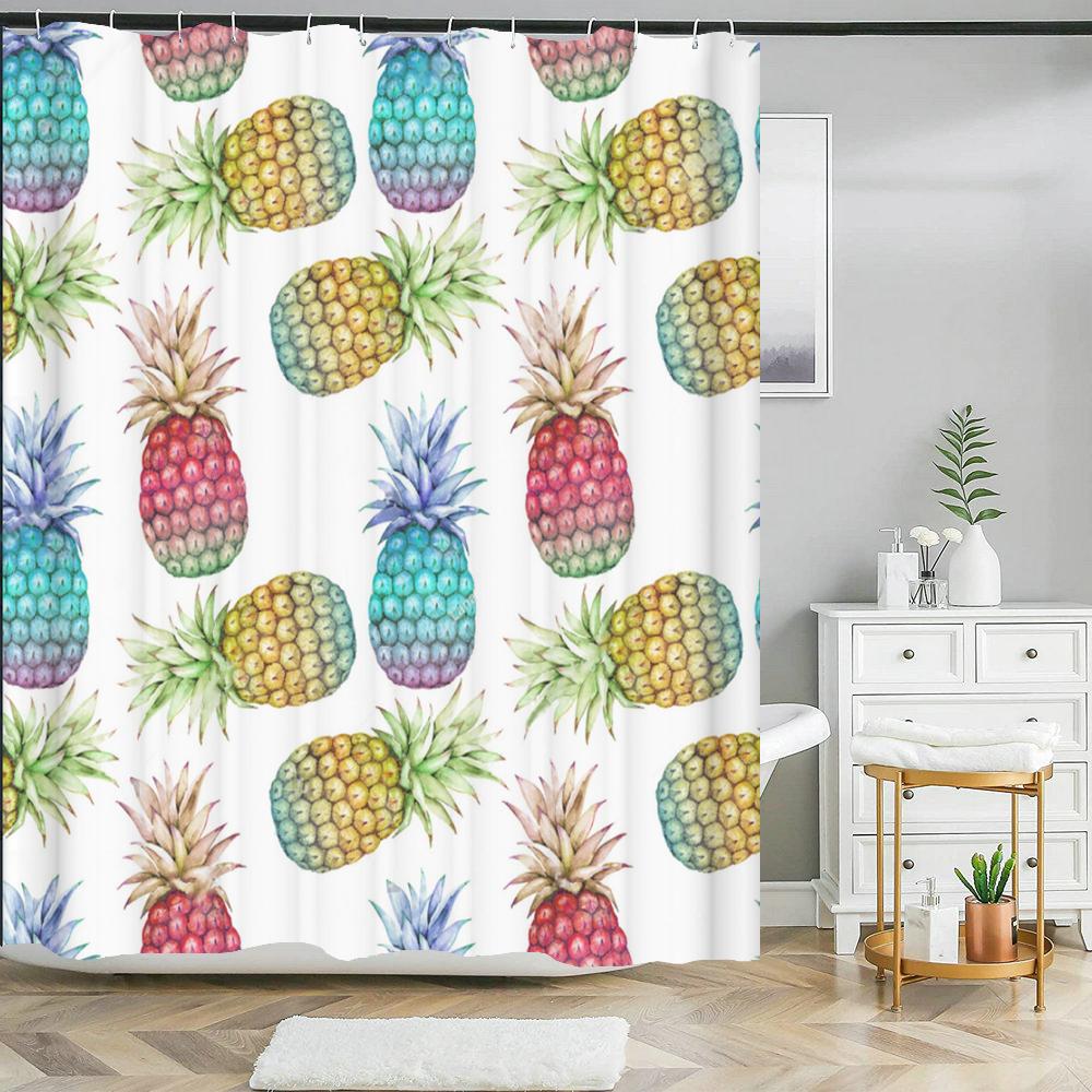 Summer Fruits Shower Curtain Cute Liner Peach Lemon Pineapple Orange Print Bath Curtain With Hooks Waterproof For Bathtub Decor