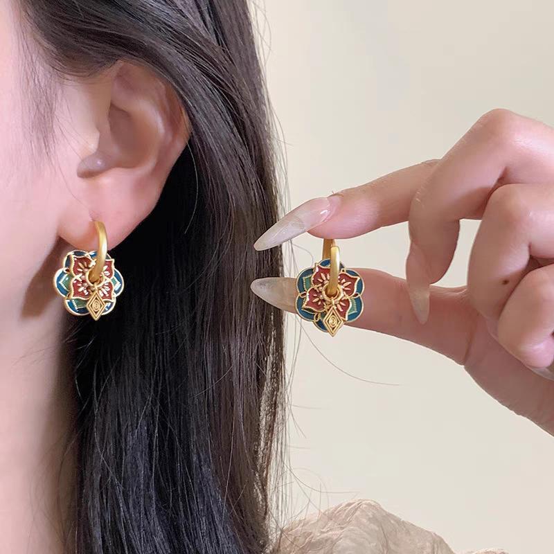 1 Paio Orecchini Retro Lusso Smalto Olio Gocciolante Per Donne Ragazze Etnico Stile Cinese Colorati Orecchini Accessori Gioielli Regali