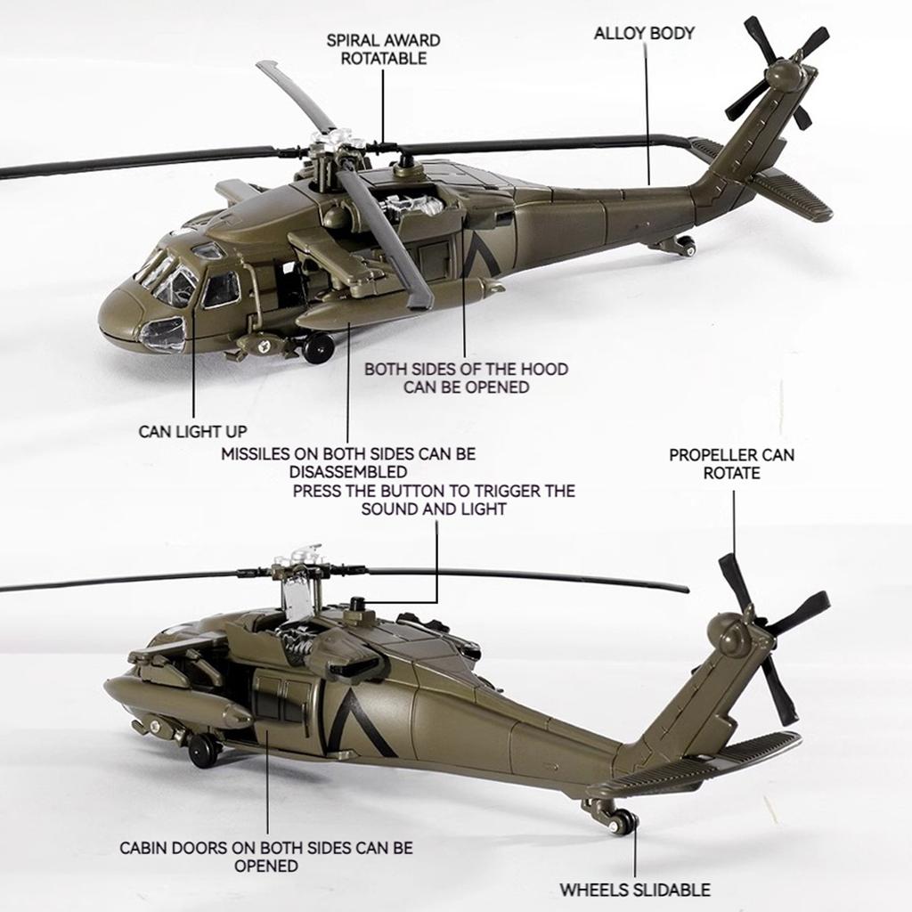 1/64 Model vrtulníku Black Hawk ze slitiny s výstavním stojanem a dárkovým balením Realistické zvukové a světelné efekty Ideální pro vystavení
