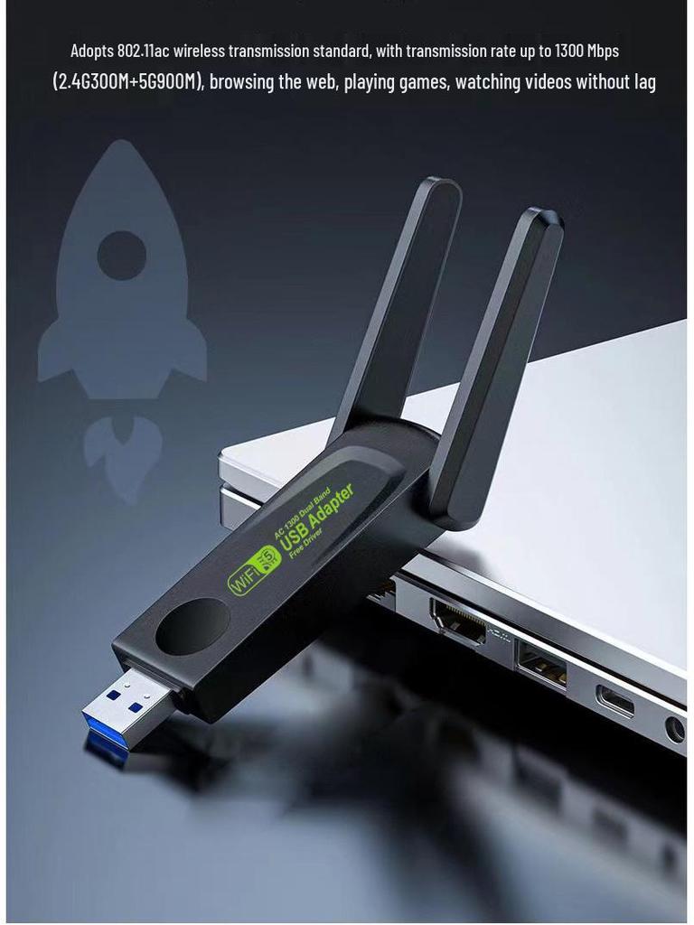 1300M Dual-Band Wireless Network Adapter 5G - Plug & Play for Laptop/Desktop