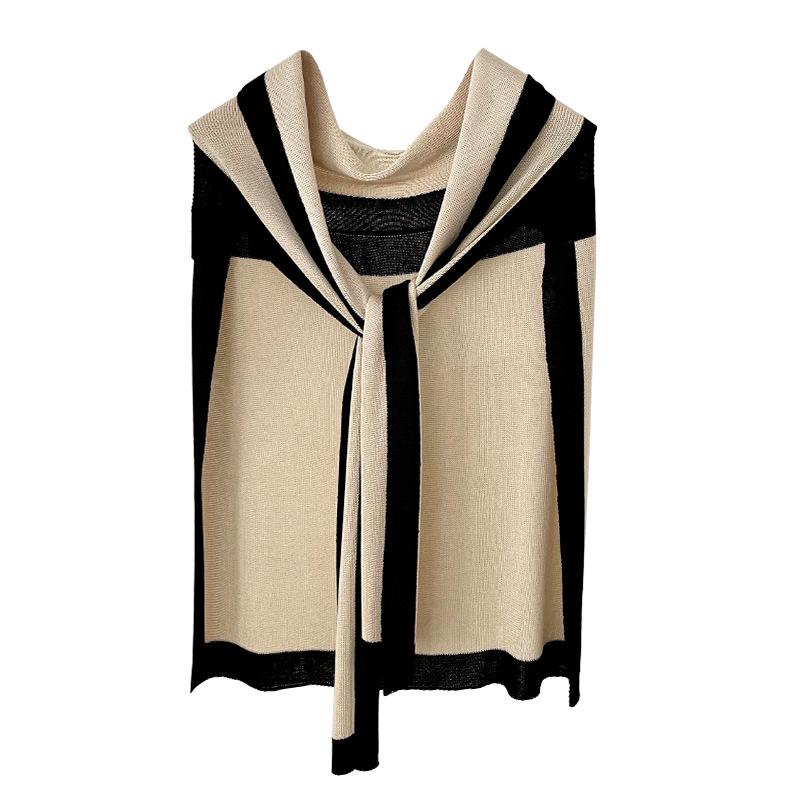 Navy Style Knitted Shawl for Women: Spring/Summer Sun Protection, Air-Conditioned Room Wear, Color Block Design, Fake Collar.