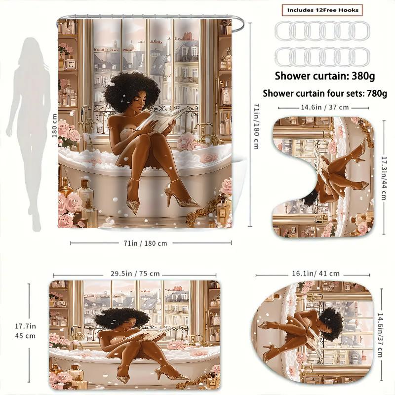 

Elegant Parisian Bath Time Bathroom Set - Waterproof Shower Curtain, Toilet Lid Cover, Bath Mat, And Contour Mat W60H190(CM)-1 Pcs
