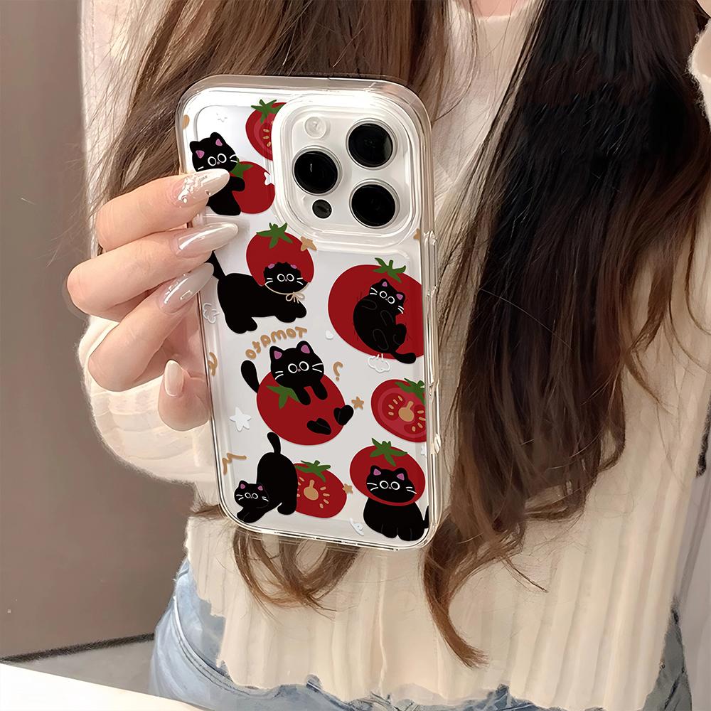 Ins Lovely Tomato Black Cat Cartoon Phone Case For Samsung Galaxy A14 A15 S21 S22 S23 S24 FE Plus Ultra A25 A35 A52 A53 A54 A55