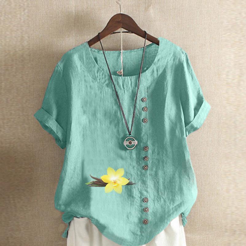 Dame Ny Mote Linskjorte Rund Hals Kort Erm Blomsterprint T-skjorte Sommer Damer Casual Pluss Størrelse Bluse Topper