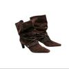 Sheepskin Version Retro Western Cowboy Boots Women's Pointed Suede Thick Heel Short Boots Fringed High Heel Boots Strap Stacked Boots