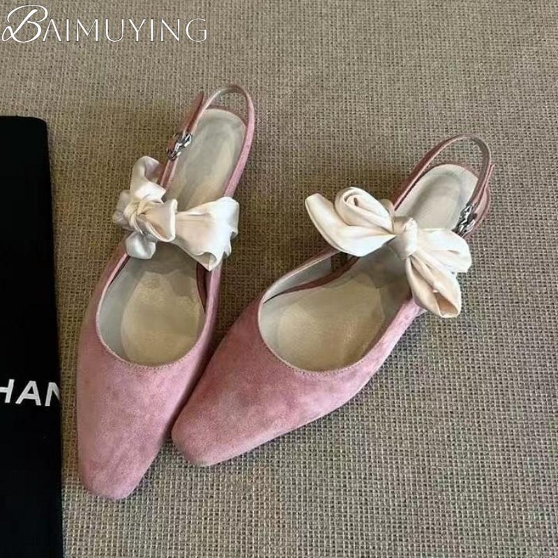 Bow Women Heeled Sandals Square Toe Shoes Woman Slippers Slingback 2025 Summer Elegant Dress Shallow Sandalias De Mujer