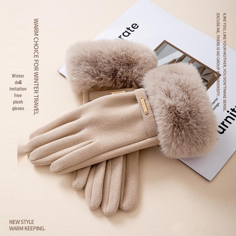 Damen Samt Kunstkaninchenfell Touchscreen Fahrradhandschuhe - Winddicht, Warm, Fleecegefüttert für Herbst & Winter