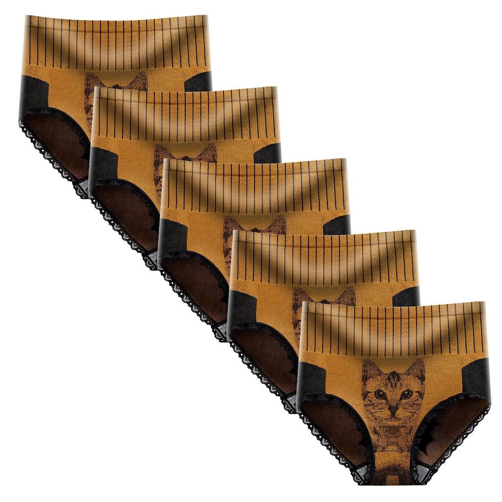 5 Pack Yellow Women's Tummy Control Cat Print Underwears