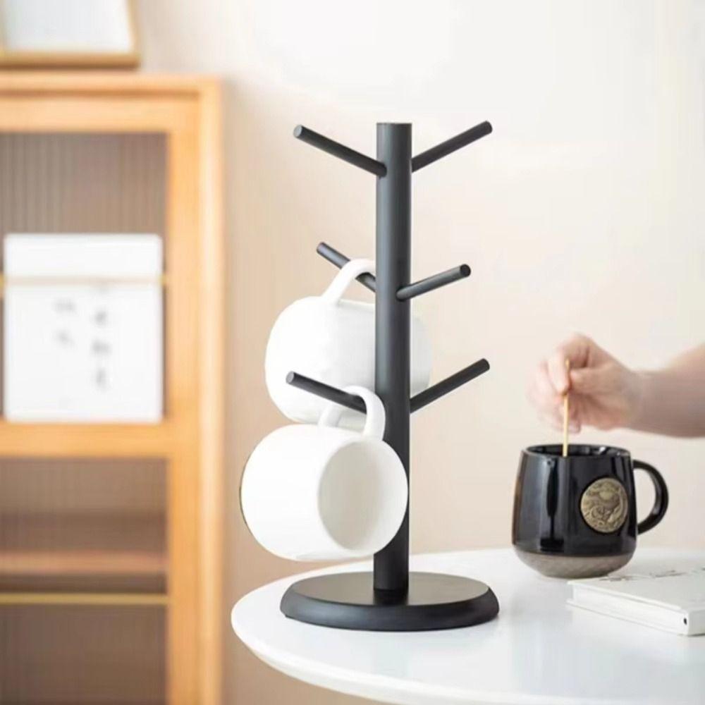 6 Hooks Bamboo Coffee Cup Holder Tree Shape Wood Material Coffee Cup Rack Sturdy Design Thickened Base Cup Storage Holder