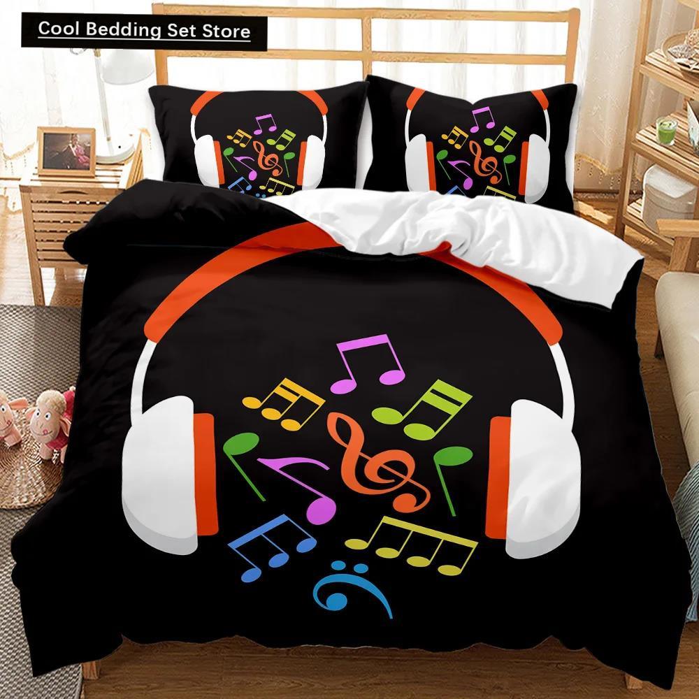 Set de lenjerie de pat cu husă de pilotă pentru căști, muzică rock, melodie, notă, alb rece, căști pentru băieți, dublă, dimensiunea Queen, King, din poliester, husă de pilotă