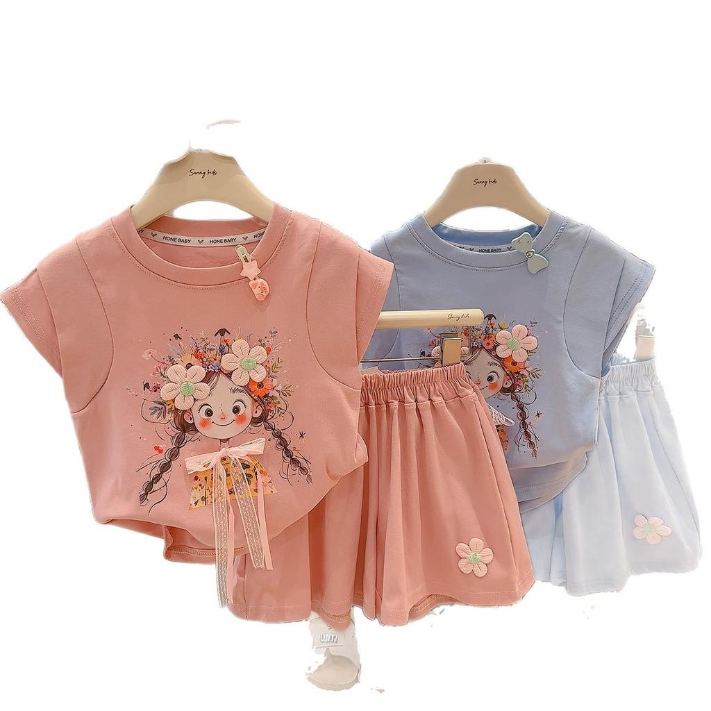 2026 Summer Girls' Cotton Short-Sleeve T-shirt and Shorts Set - Casual Stylish Two-Piece for Kids
