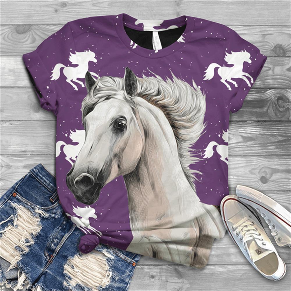 Women's T-shirt Short Sleeve Summer Everyday Animation Horse Digital 3D Print Sexy Diagonal Collar Top Loose Female Pullover