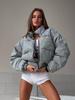 Vintage Curved Moon Print Denim Cotton Jacket with Stand Collar Street Style Warm Outdoor Women's Coat Loose Fall Winter New