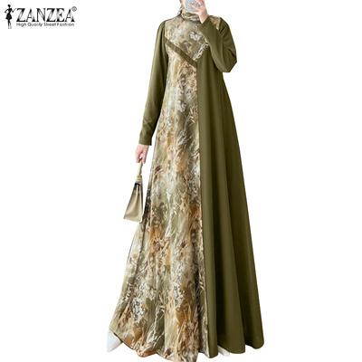 Women Muslim Round Neck Long Sleeves Color Blocking Loose Dress