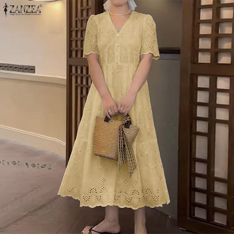 ZANZEA Women Elegant Crochet Patchwork Casual V-neck Short Sleeve Dress