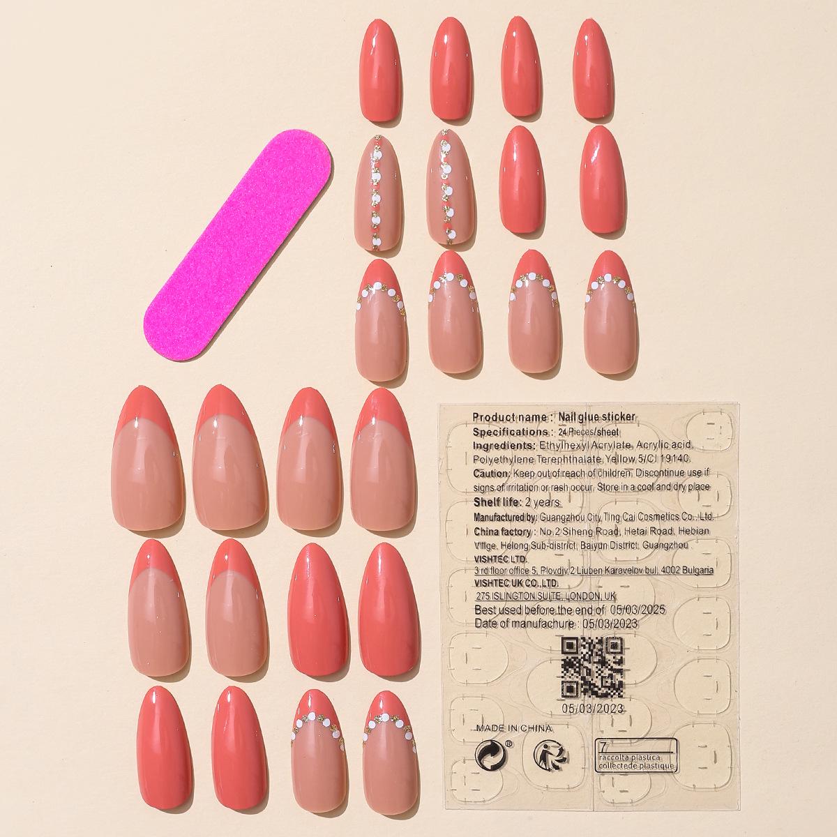 

Европейские и американские миндалевидные однотонные съемные накладные ногти с цветной блокировкой и линейным дизайном