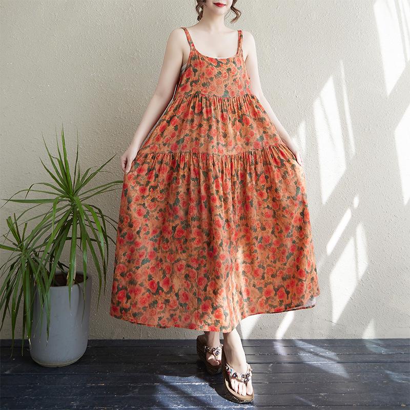 2025 Summer Cotton Linen Patchwork Long Sling Dress