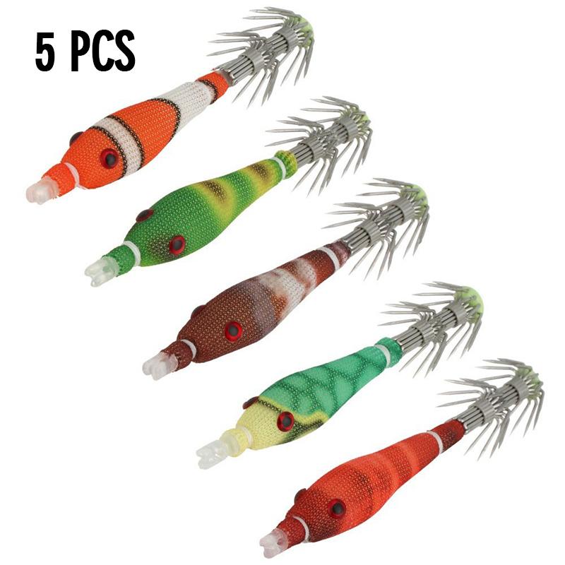 5Pcs/Pack Luminous Squid Hook Artificial Cuttlefish Fishing Baits Fluorescent Glow Squid Jigs Hook Night Shrimp Fishing Lures