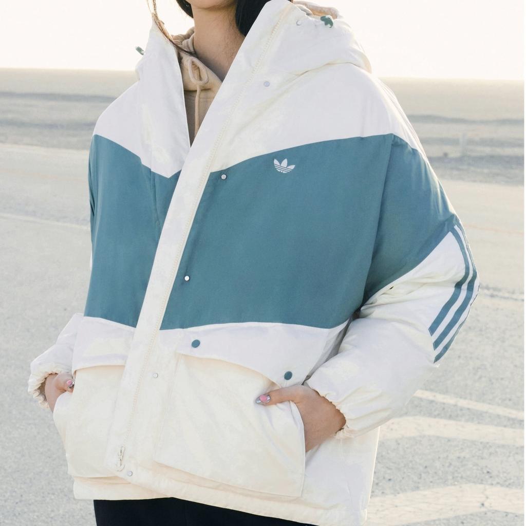 Adidas Originals Trefoil Color Block Down Jacket With Hood And Brand Logo Print Women Outerwear White Green HS9518