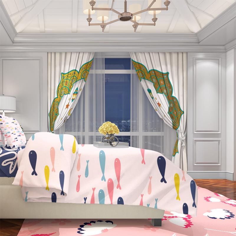 2PCS Festival Blessing - Ramadan Auspicious (Lantern - Moon) Printed Curtain Polyester Material Suitable for Bedroom Living Room