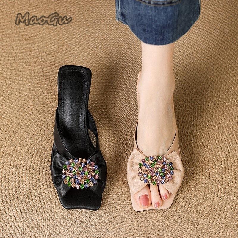 Fashion French Vacation Style High-heeled Slippers for Women Wearing Summer New Rhinestone Bow Wedge Sandals Sandalias De Mujer