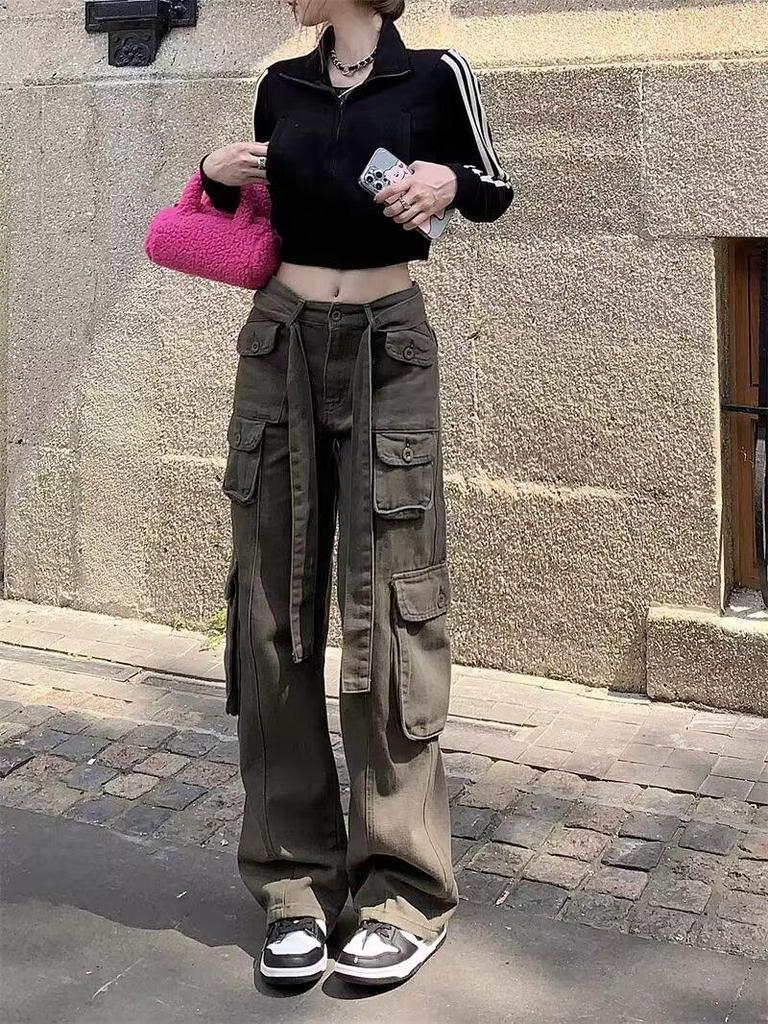 2024 Women's Retro Multi-Pocket Distressed Work Pants: Street-Style Slimming Straight Leg Long Trousers