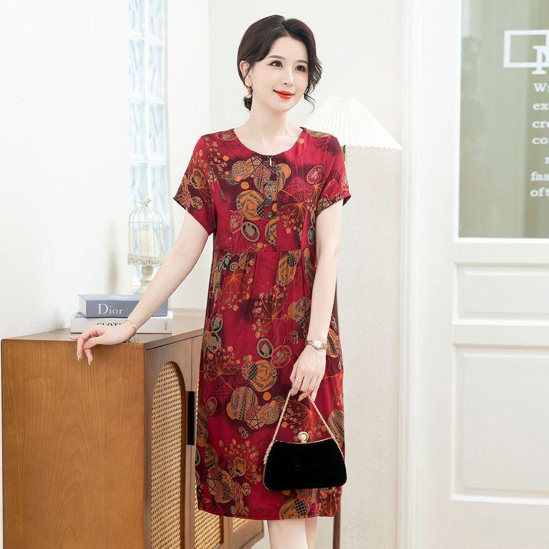 New Arrival Summer Cotton-Silk Knee-Length Loose Plus Size Short-Sleeved Dress for Mom