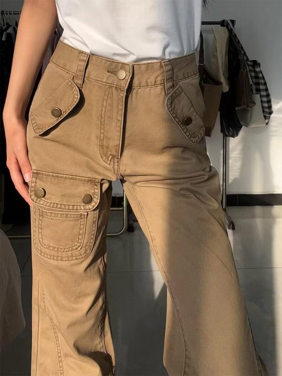 

Американский хай-стрит Женские ретро расклешенные джинсы карго с высокой посадкой - Весна 2024 Облегающие брюки в пол с множеством карманов Large хаки