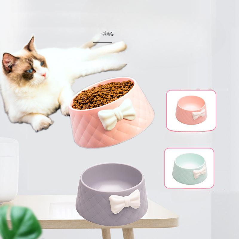 Pet Bowl Macaron Color New Style Bow Diamond Pattern Cat Bowl Deepened Leak-proof Dog Food