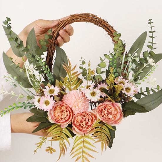 16 Inch Artificial Rattan Wreath with Flowers Lifelike Faux Hydrangea Wreath for Spring Summer Indoor Outdoor Home Wall Porch Farmhouse Decor