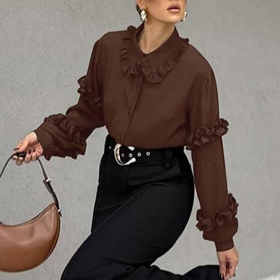 French Gentle Wind Niche Fungus Edge Brown Doll Collar Commuting Temperament Elegant Shirt Women's Fashion Casual Cardigan