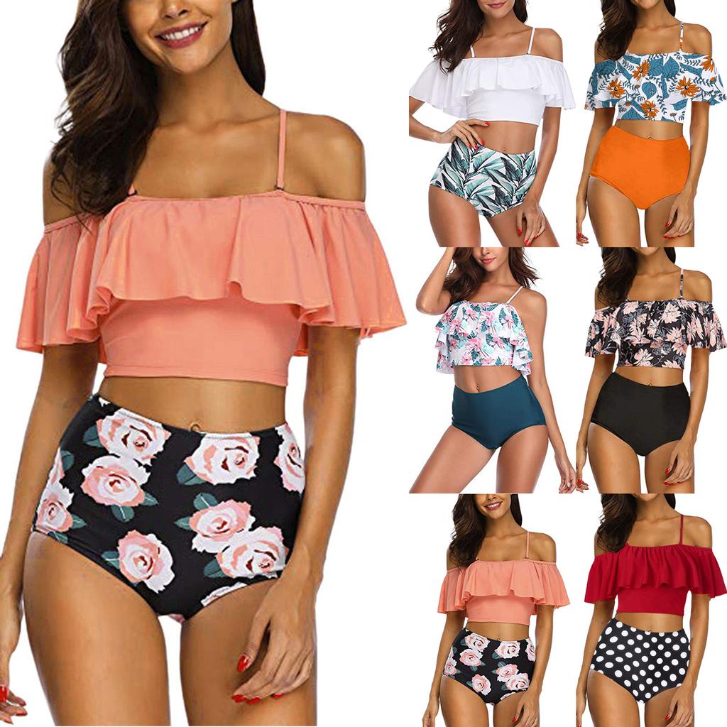 Zweiteiliges Badeanzug-Oberteil für Damen mit Rüschen und hoch tailliertem Bikini-Set