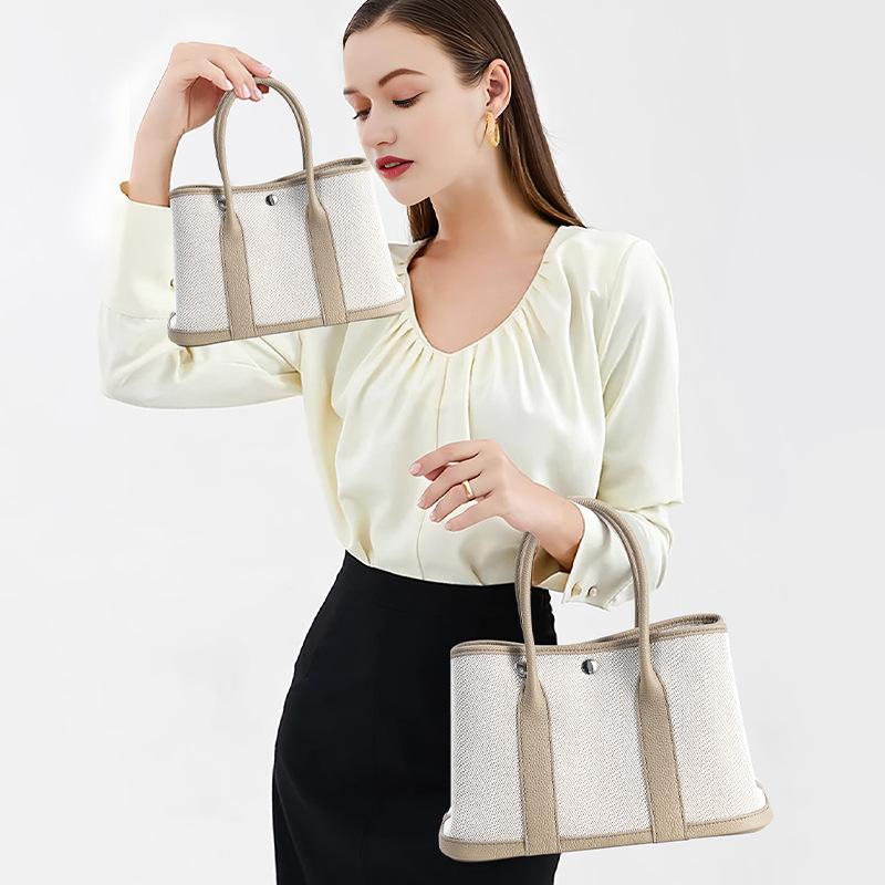 Niche high-end women's leather handbag, first-layer cowhide large-capacity canvas contrasting color garden tote bag